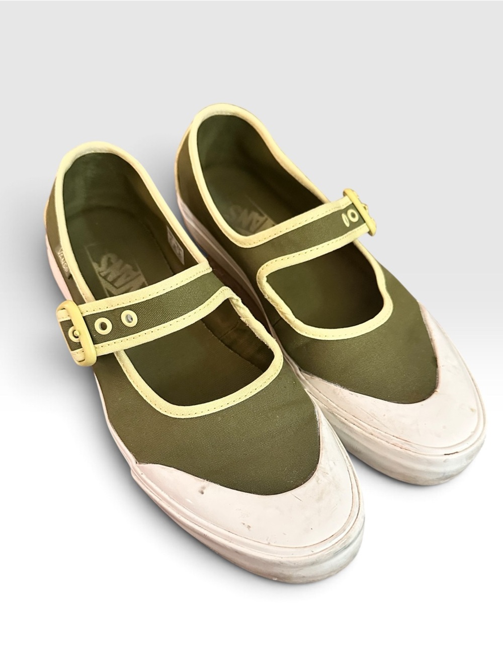Vans Olive Green Mary Jane Canvas Mules with Yellow Trim
